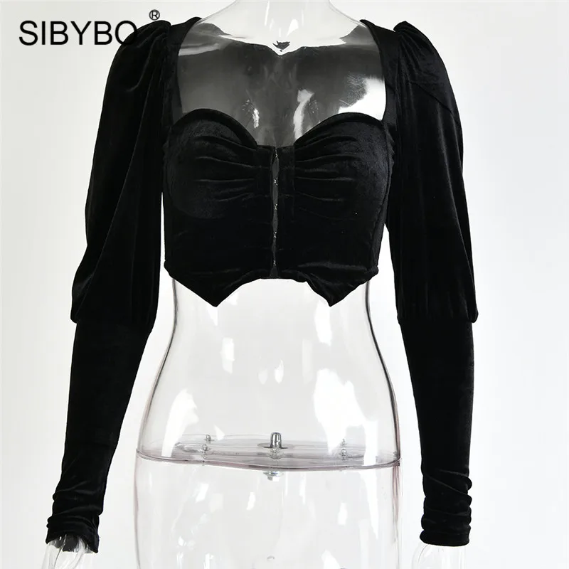 Женский укороченный топ без бретелек SIBYBO, короткая бархатная футболка с длинными рукавами и V-образным вырезом, повседневная