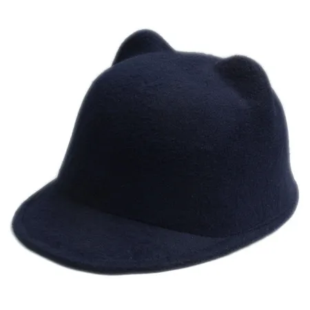 Dark Blue Новая мода Шерсть Женская Шляпа Fedora осень зима Микки кошка уха животного Кепка - Цвет: Dark Blue