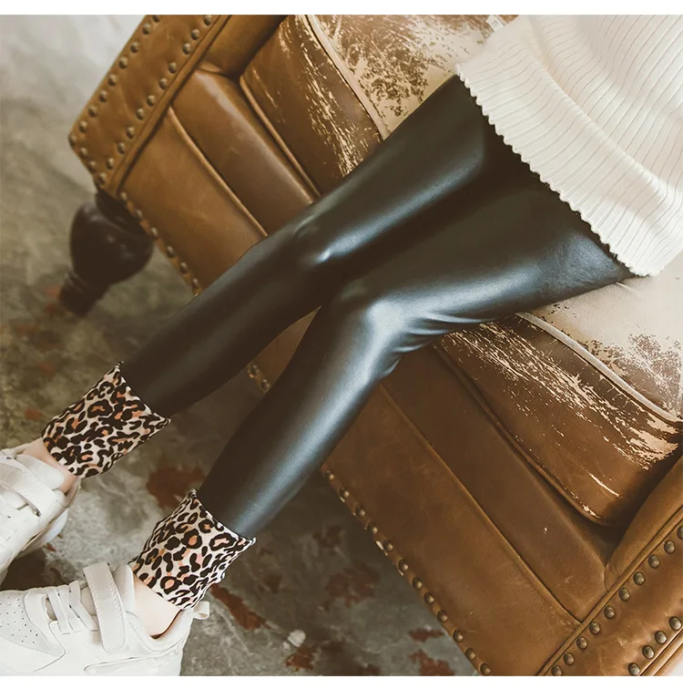 black faux leather leopard girls winter warm leggings 14 years old teenage fashion clothing children pants