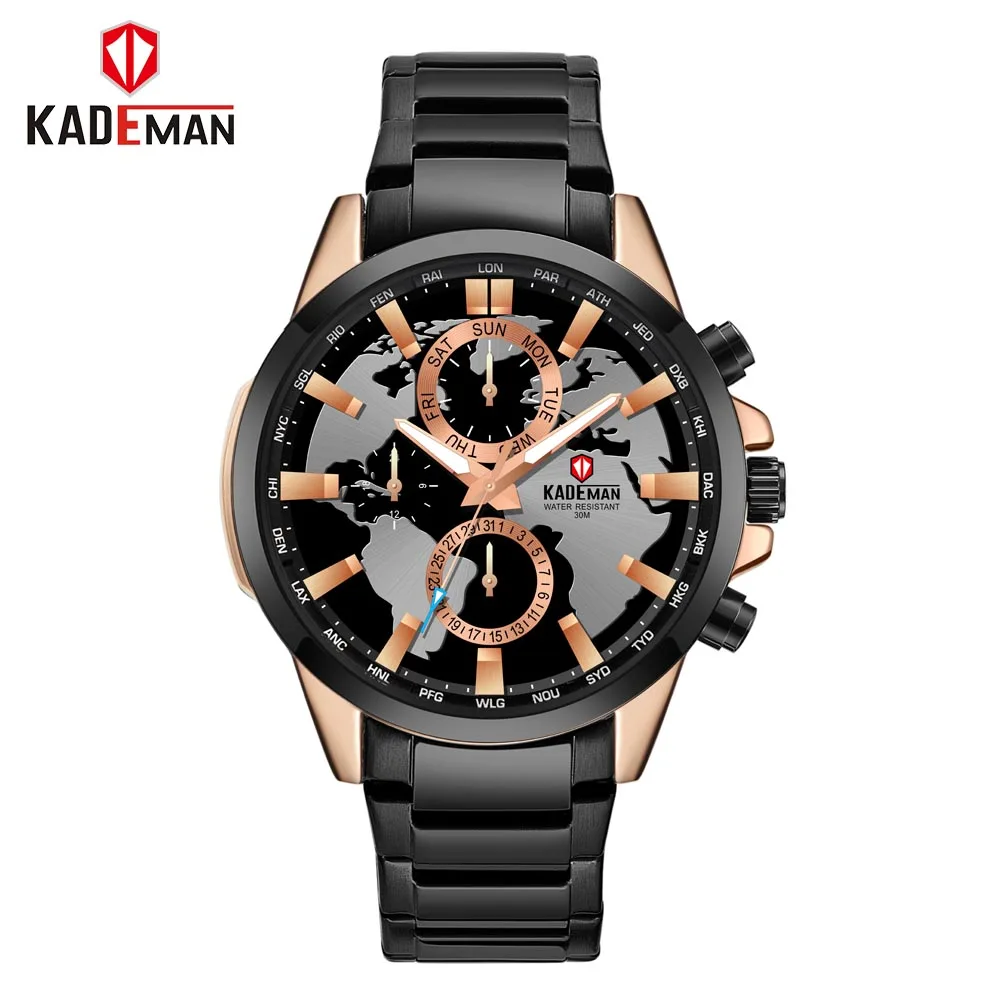 Black-Rose-Rose KADEMAN Роскошные модные мужские часы 3TAM с календарем, Автоматическая Дата, кварцевые карта мира, повседневные деловые наручные часы, мужские часы 443 г - Цвет: Black-Rose-Rose