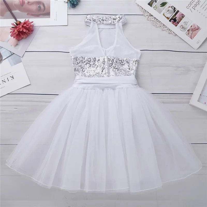 Kids Girls Mock Neck Ballet Dance Dress Gymnastic Leotard Shiny Sequins Sleeveless Mesh Splice Ballet Leotard Flower Girls Dress