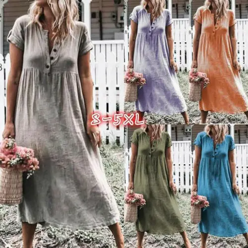 Женское платье-туника Boho длинное платье из хлопка и льна с коротким рукавом