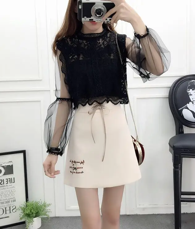 Новинка Весна 2018 модная женская кружевная рубашка и юбка с вышивкой для