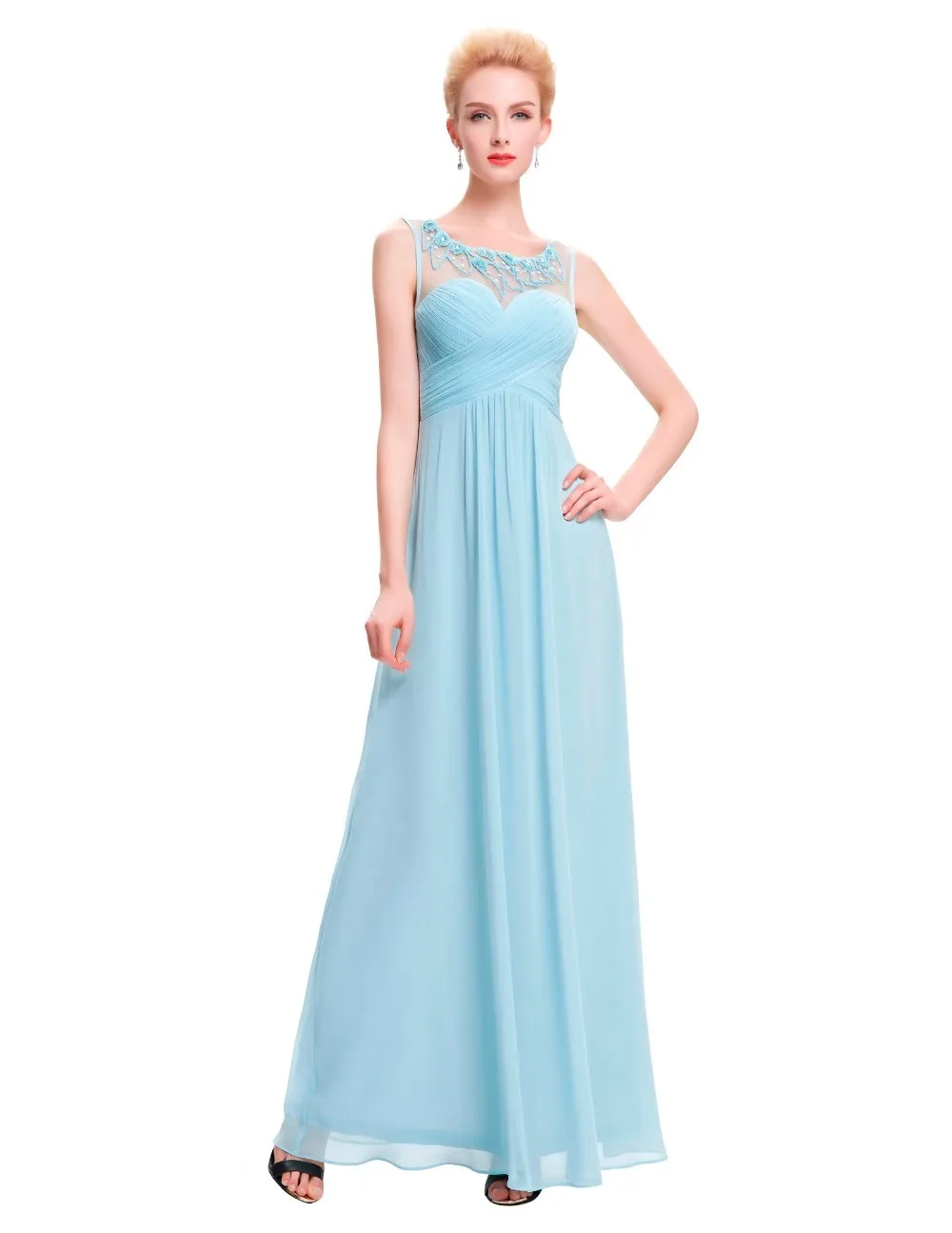 Hot Sale Scoop Neck A-line Light Blue Long Evening Dresses Pleats Beaded Formal Gowns Abendkleid Vestido De Noite | Свадьбы и