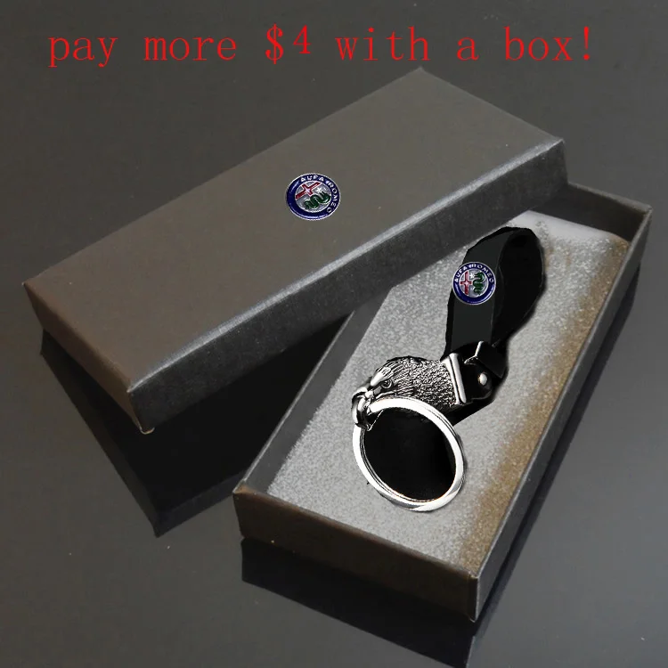 Black with logo box Автомобильный брелок для ключей в виде головы орла, автомобильный брелок для ключей, мужской ремень, автомобильные брелки для Alfa Romeo, модные автомобильные аксессуары - Название цвета: Black with logo box