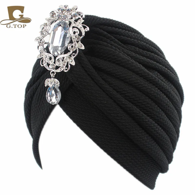 New luxury women thick cotton Turban with silver diamante pendant muslim hijab head wrap