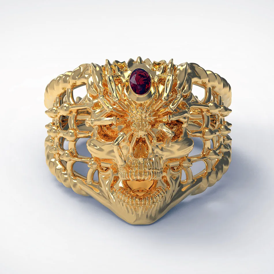 Liumo Punk Style Gold Color Dragon Skull with Red Crystal Spider Hip Hop Rock Copper Alloy Men Fashion Biker Ring Lr849 | Украшения и
