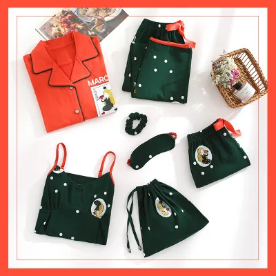New Cardigan Pajamas Women's Seven-piece Spring and Autumn Long Sleeve Korean Sweet Thin Sling Summer Home Service Set | Женская