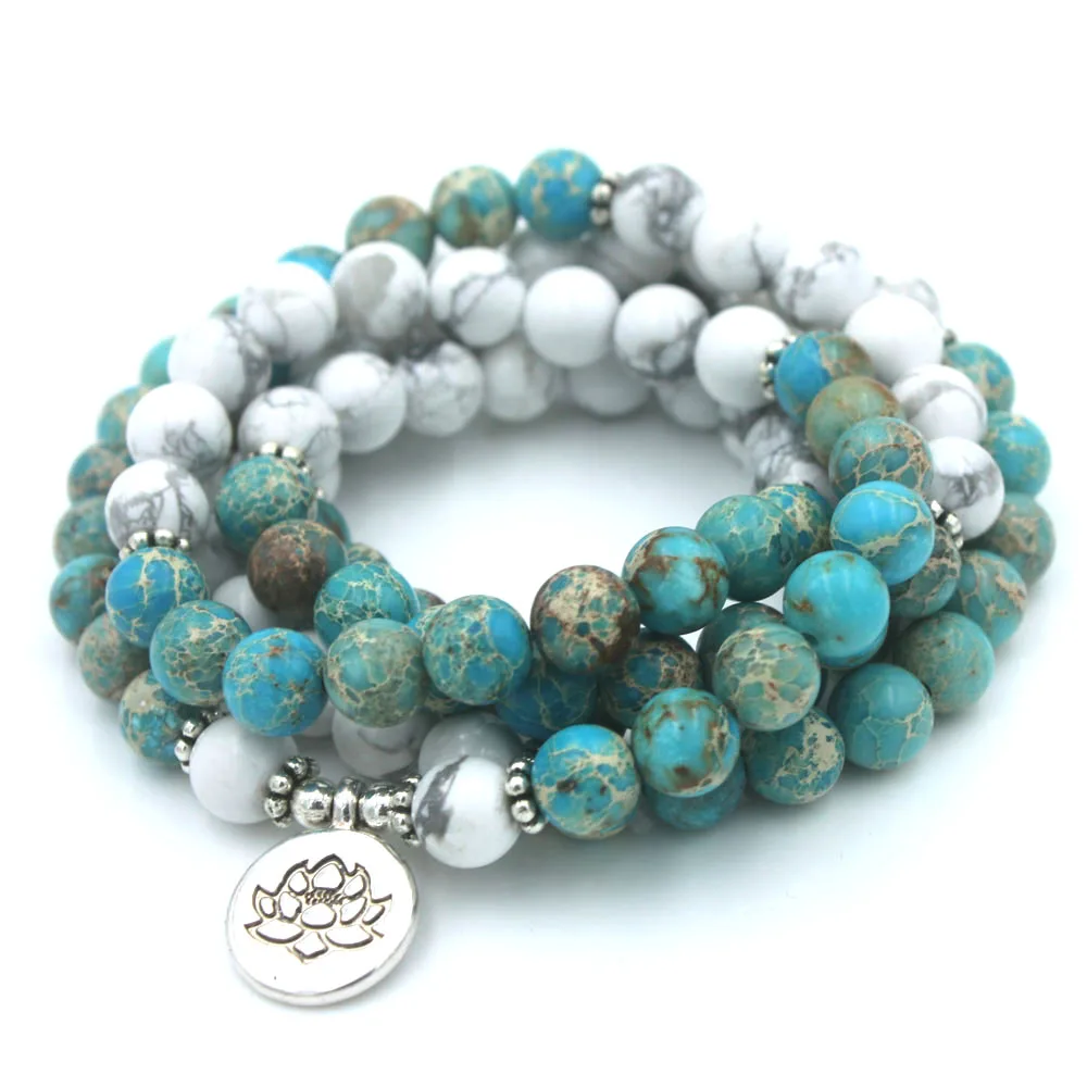 

Fashion Women Bracelet 108 Mala Yoga Bracelet Howlite Natural Stone With Lotus Charm Bracelet