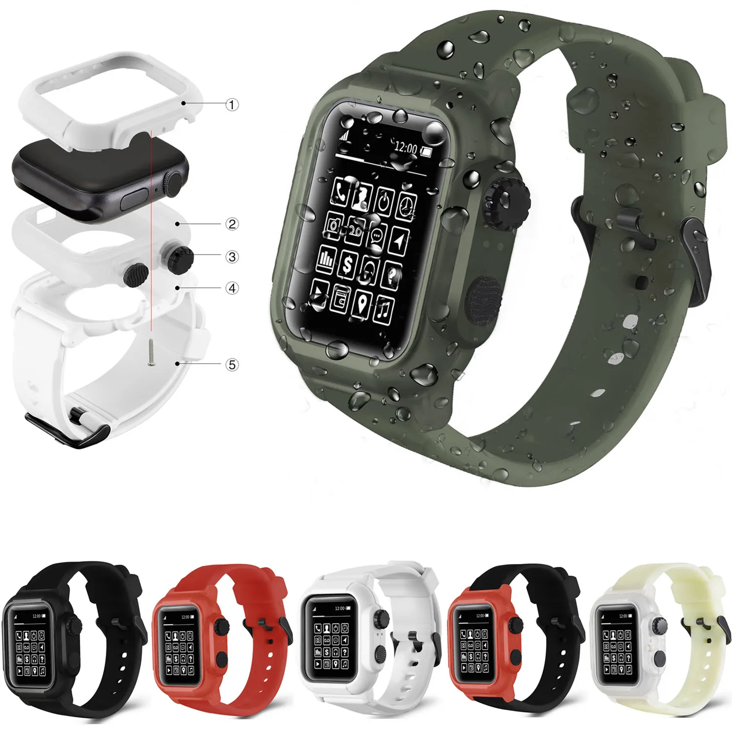 Водонепроницаемый ударопрочный чехол для Apple Watch Series 5 4 3 2 Мягкая силиконовая лента для iWatch Band 42 мм 44 мм ремешок
