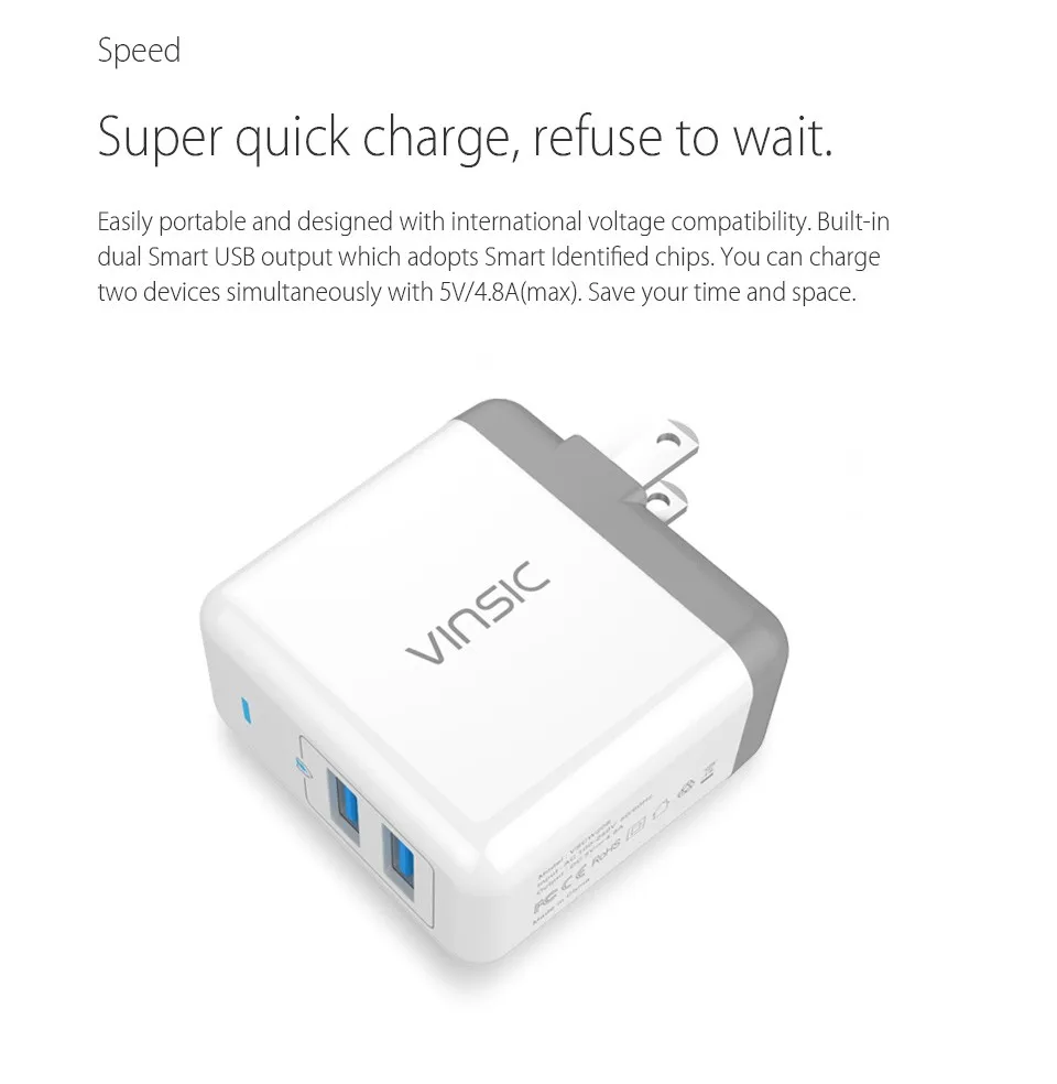 VINSIC 5 в 4.8A портативное двойное USB зарядное устройство для путешествий настенное зарядное устройство адаптер для iPad iPhone X 8 8 Plus iMac Xiaomi huawei Sumsung Nokia
