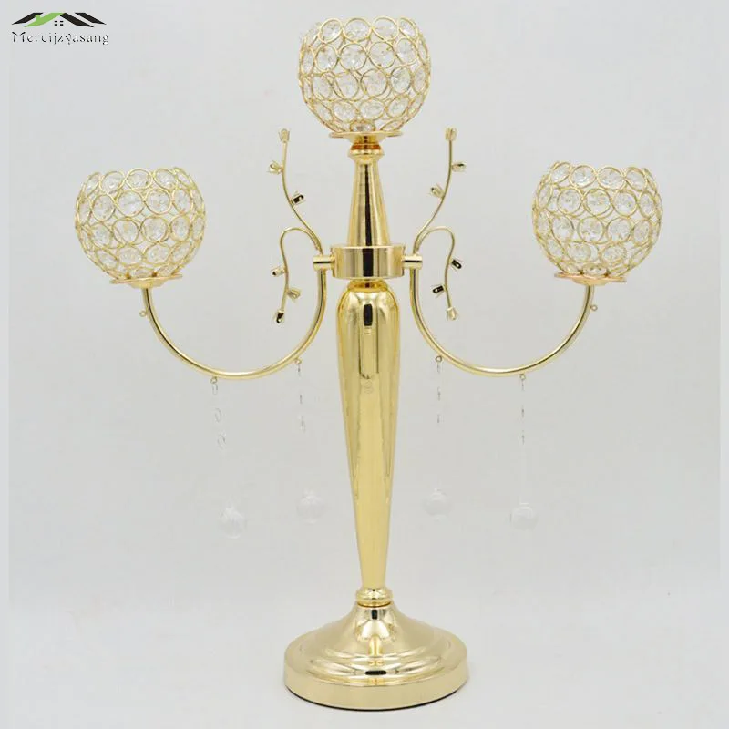 

10pcs/lot New Metal Silver/Gold candle holders 3-arms with crystals stand pillar candlestick for wedding portavelas candelabra