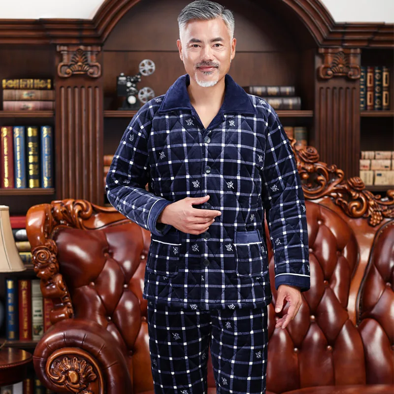 Мужской пижамный комплект, Пижамный костюм, зимняя трехслойная стеганая Толстая Коралловая Флисовая теплая одежда для сна, ночной костюм, Мужская одежда для сна, домашняя одежда