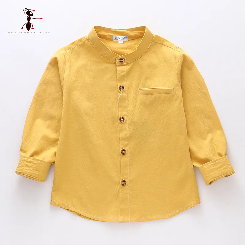 yellow Kung Fu Ant/ г., Весенняя однотонная Повседневная рубашка для мальчиков с круглым вырезом, хлопок рубашка с длинными рукавами для школьников, для маленьких мальчиков, 24 месяца - Цвет: yellow