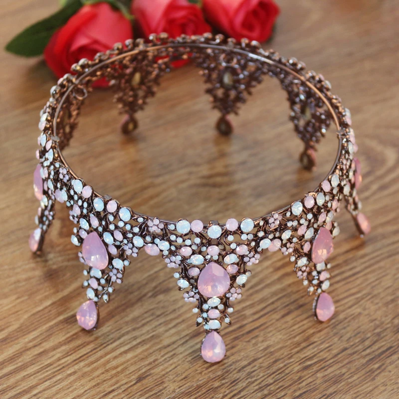 Ретро барокко розовый со стразами Свадебные Queen Корона Кристалл торжества Полный