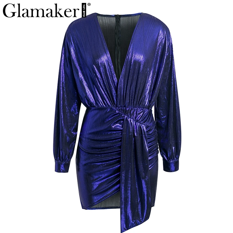 Синий Glamaker, атласный пояс, длинный рукав, сексуальное женское платье, плиссированные, короткие, вечерние, для клуба, мини-платье, женское, v-образный вырез, шикарное платье, осень, vestidos - Цвет: Синий