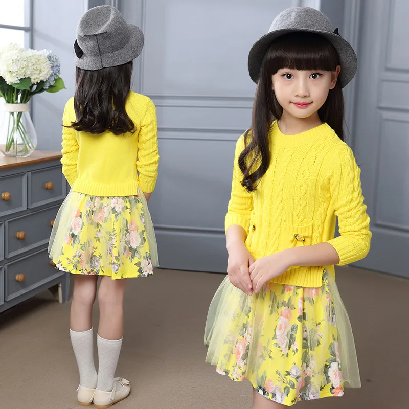 2019 new Autumn girl Dress children clothing fashion patchwork kintted floral princess dress kids girls clothes age 3-15Y | Детская