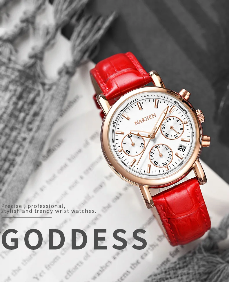 Модные женские часы японский механизм три глаза шесть игл календарь 24 часа