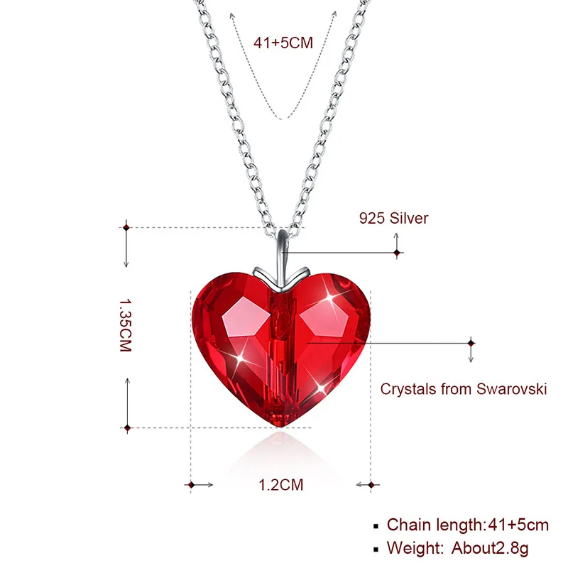 Изысканное ожерелье с подвеской в виде красного сердца с кристаллами Swarovski для женщин, 925 пробы Серебряная цепочка, ювелирные изделия для влюбленных, подарки на день Святого Валентина