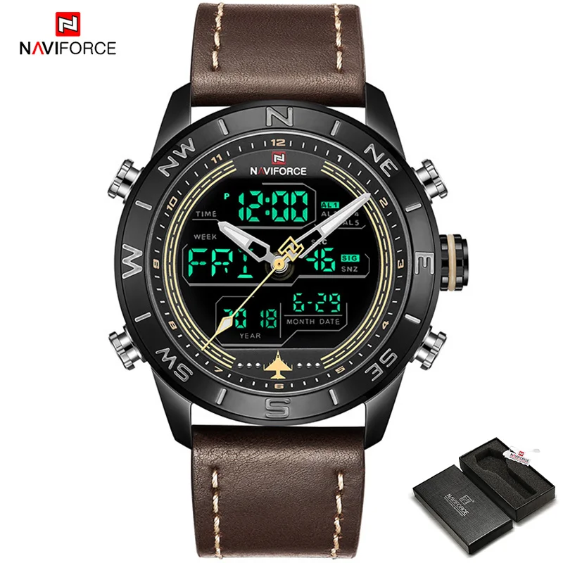 NAVIFORCE Мужская Мода золото спортивные часы военный светодиодный аналоговые цифровые кварцевые наручные часы кожа часы Relogio Masculino - Цвет: Yellow-Box
