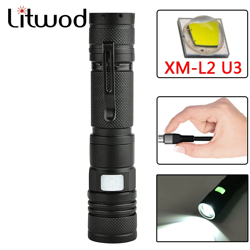 Litwod Z20 XM L2 U3 светодиодный фонарь Micro USB Перезаряжаемый Zoomable 5 режимов алюминиевый