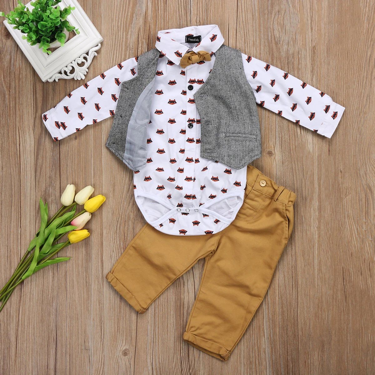 Toddler Baby Boys Gentlemen Bowtie Clothing Set Babies Boy Formal Suit Bodysuit Waistcoat Pants Tuxedo Casual Outfits 0-24M |