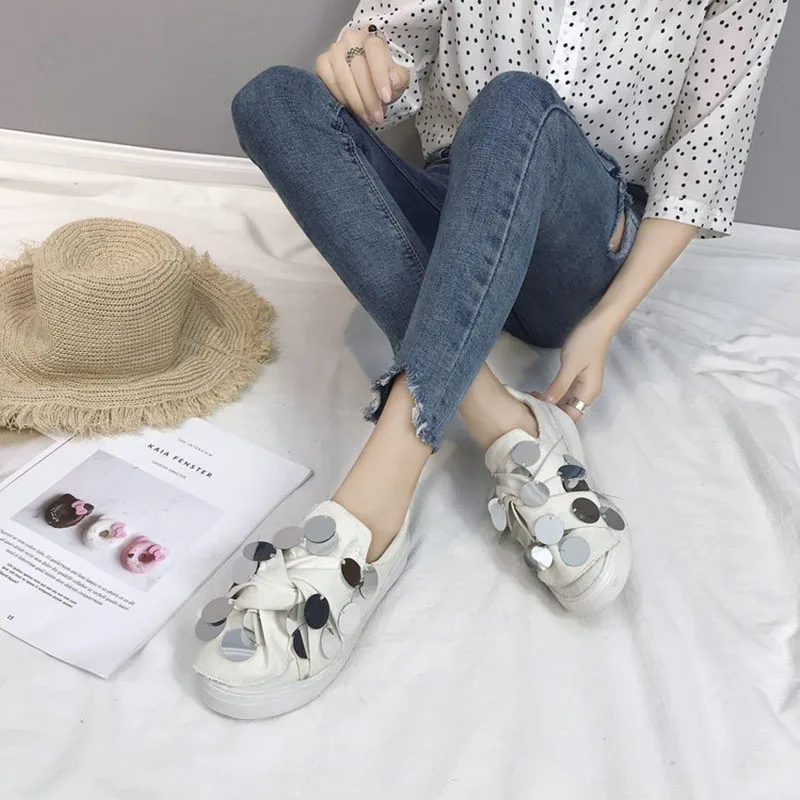 CuddlyIIPanda Ins/Новинка Суперпопулярные белые туфли с блестками Женские блестящие