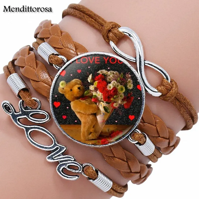 Женский винтажный кожаный браслет с кабошоном многослойный черный/коричневый