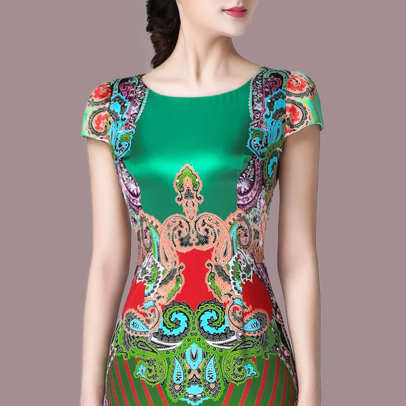 2017 new summer fashion plus size silk women dress with short sleeves Round collar pencil long casual female slim 10J 35 | Женская