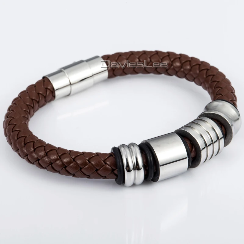 Мужской кожаный браслет LLBM31 9 мм черный плетеный из нержавеющей стали с магнитной