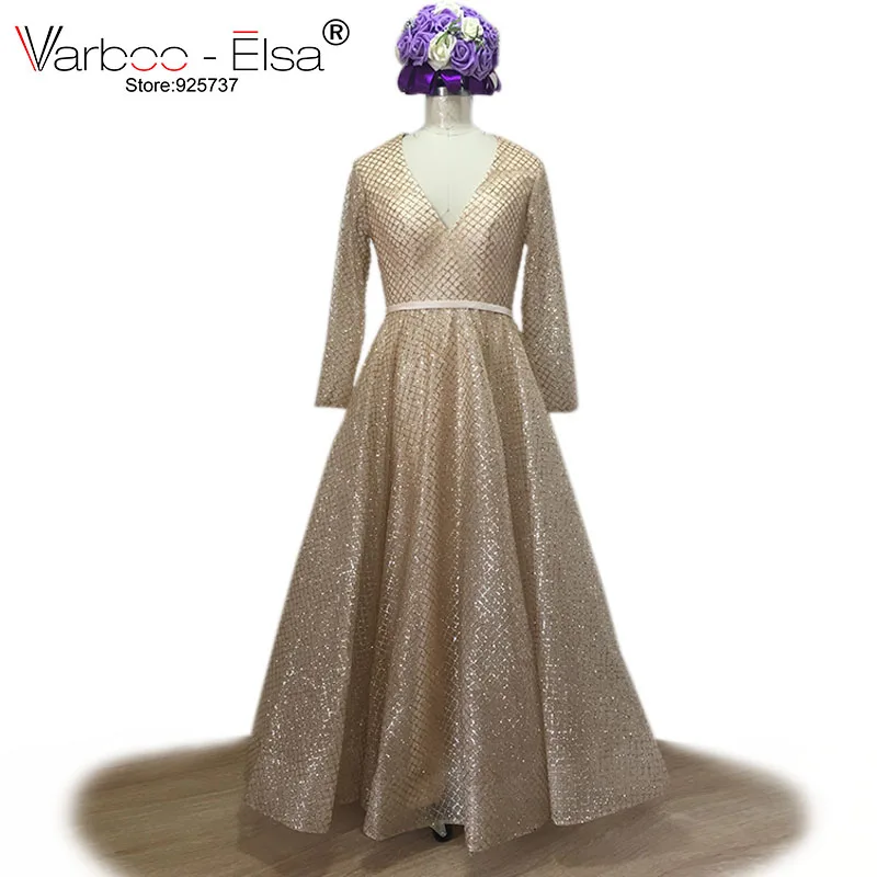 

VARBOO_ELSA Champagne Sequined Bling Bling Evening Dress V Neck Long Sleeve Prom Dress 2021 A-line Party Dress Vestido De Festa