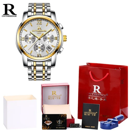 silver gold with box ONTHEEDGE, модные мужские часы, Роскошные, золотые, полностью из нержавеющей стали, мужские деловые часы, кварцевые, мужские часы, хронограф, reloj hombre - Цвет: silver gold with box