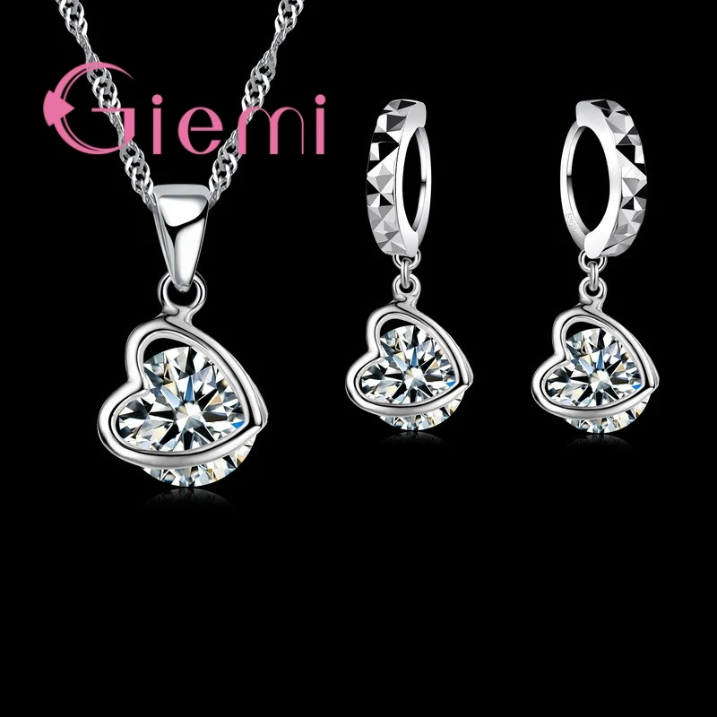 

Sweet Lovely Heart CZ Crystals CZ 925 Stamped Pendant Necklace Earrings Sterling Silver Jewelry Set For Women Party