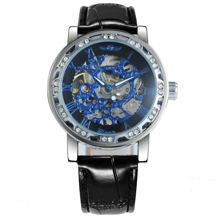 BLACK BLUE Модные часы со скелетом, бриллиантовые часы для женщин, дизайн Iced Out, ремешок из натуральной кожи, элегантные роскошные механические Женские часы - Цвет: BLACK BLUE