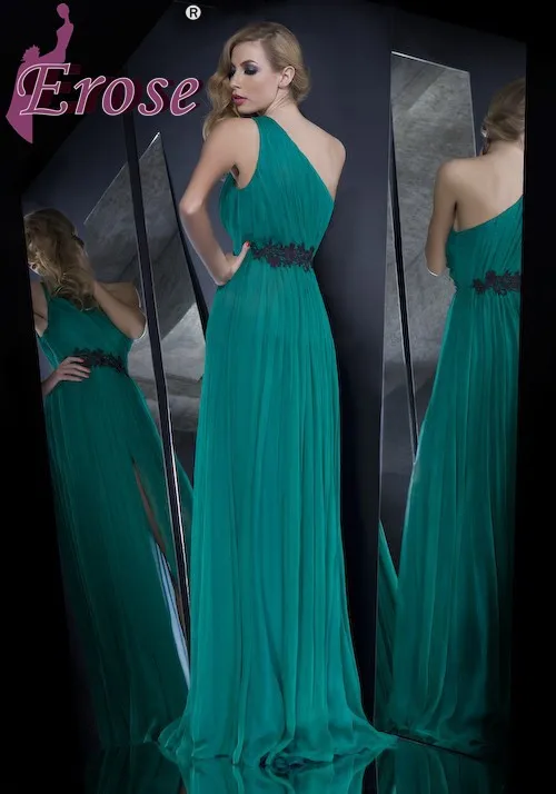 ADE-089 Free Shipping A-line High Side Slit Wholesale Chiffon One Shoulder Green Emerald Evening Dress 2015 Vestidos | Свадьбы и