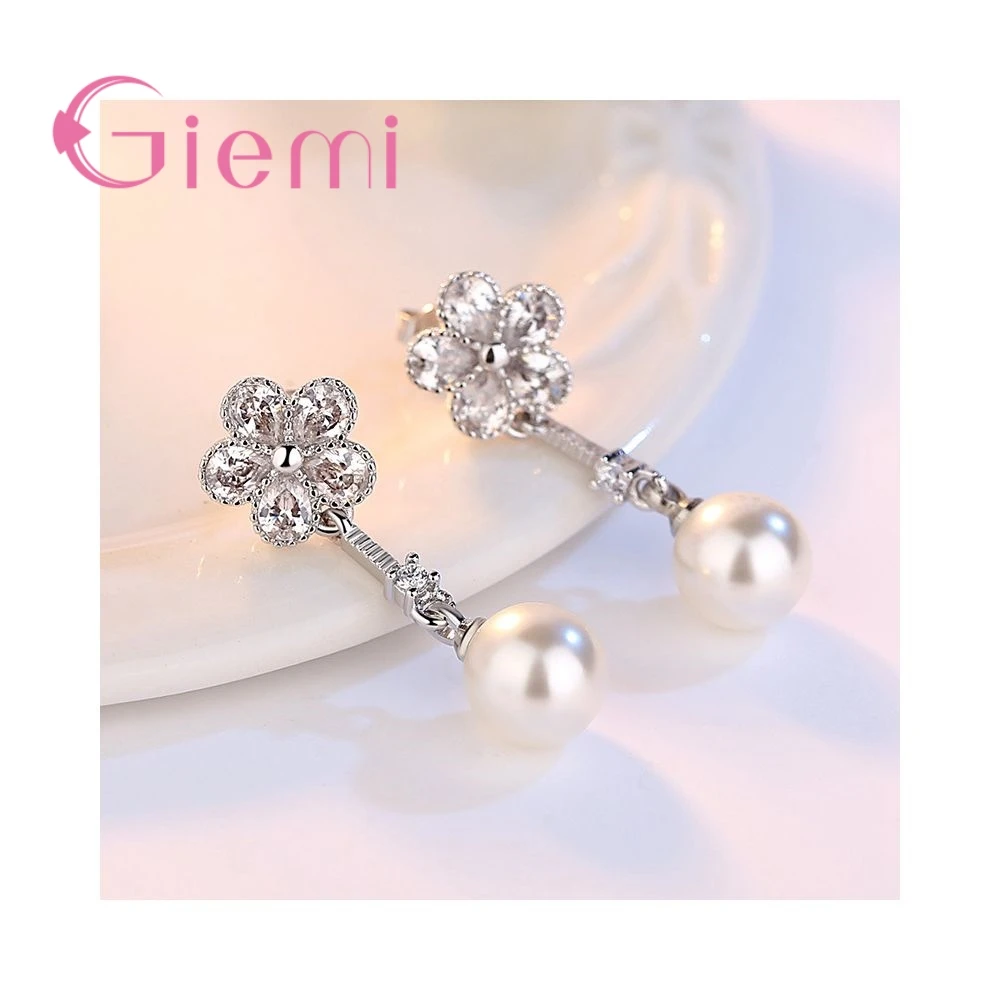 

Romantic Shiny Crystal Flower Earrings Connect White Pearl Women Fashion Eardrop Jewelry Silver Color Gifts for Birthday