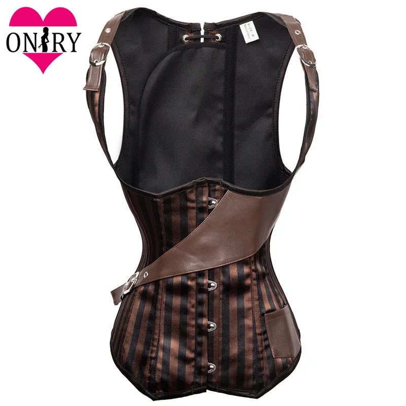 Коричневый/черный полосатый атласный корсет со стальными косточками жилет топ