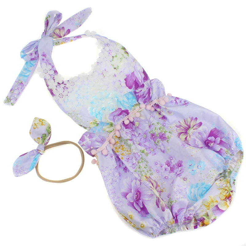 Красивый фиолетовый цветочный комбинезон с открытой спиной для девочек летний