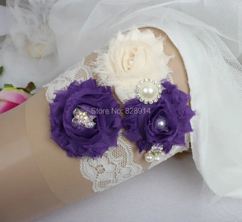 

New Design Lace Trim Shabby Flower Wedding Garter for Bridal Garter made of Purple Shabby Flower Handmade