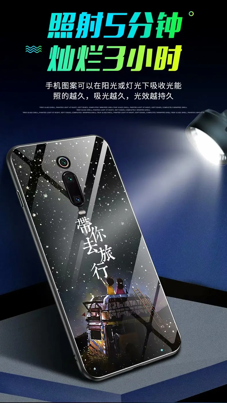 For Xiaomi Redmi K20 Pro Case Luxury Luminous Hard Tempered Glass Protective back Cover for xiaomi redmi k20 20pro shell |
