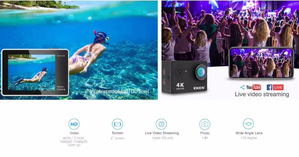 eken H9 H9R экшн Камера со сверхвысоким разрешением Ultra HD, 4K 25fps 1080P 60fps Wi-Fi 2 170D мини для занятий подводными видами Водонепроницаемый шлем Спортивная водоотталкивающая Камера GoPro
