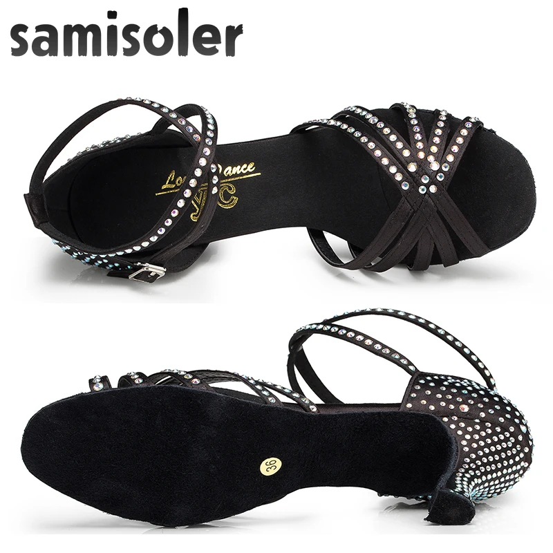 Samisoler  New Cloth Collocation Shine Ribbons Ballroom Fashion Dance Women Latin Dance Competition Shoes