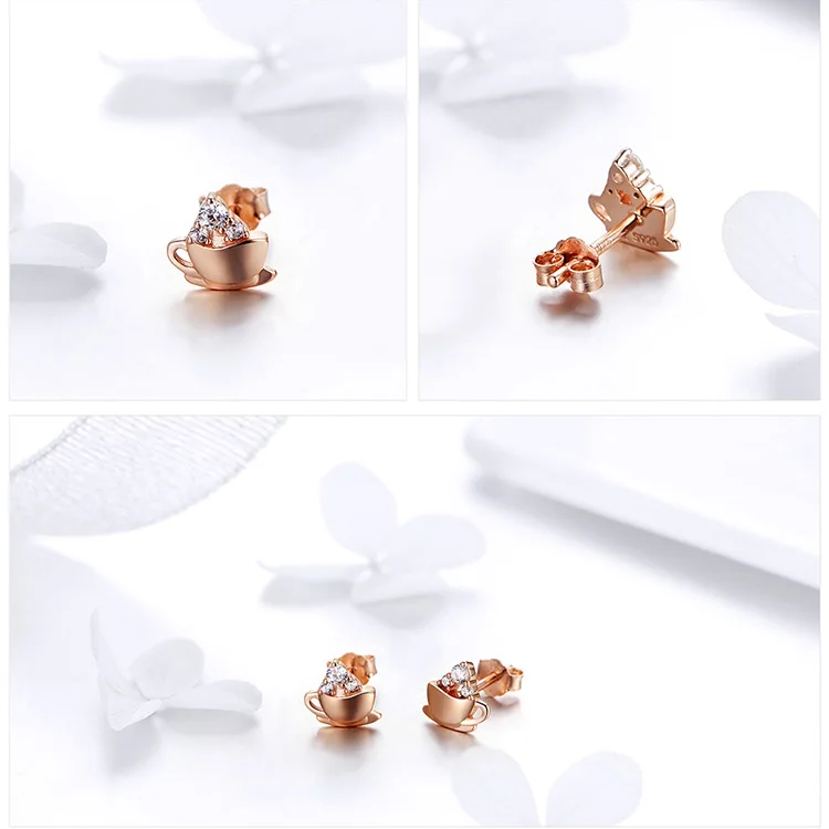 BISAER 925 пробы серебряные кофейные чашки Изысканные женские серьги-гвоздики высокая форма чая Модные Серьги Серебряные украшения ECE592