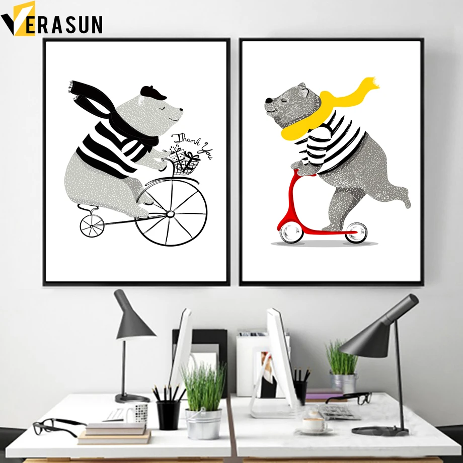 Cartoon Cycling Bear Motivational Quotes Wall Art Canvas Painting Nordic Posters And Prints Animal Pictures Kids Room Decor | Дом и сад