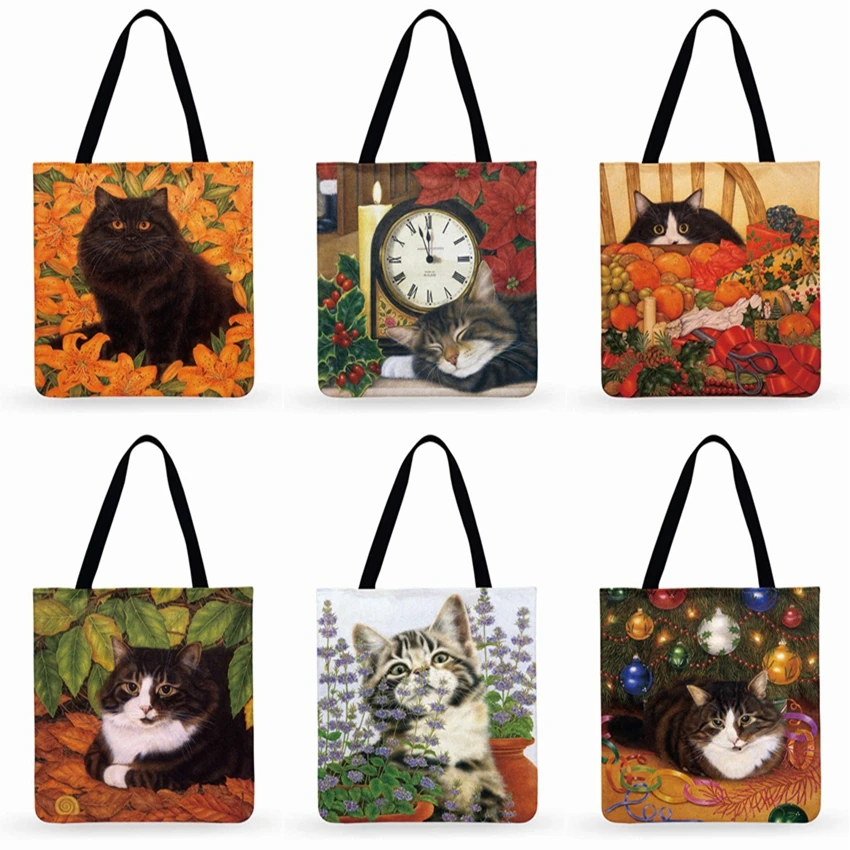 Повседневная Сумка-тоут из льна с рисунком пасторального кота