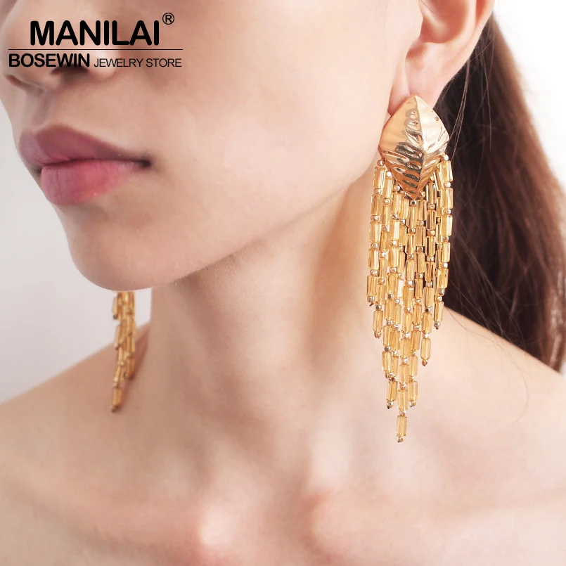 MANILAI, яркие серьги-капли с бусинами, трендовые, ручная работа, Богемия, много цветов, длинные серьги-кисточки с бусинами вечерние, свадебные ювелирные изделия