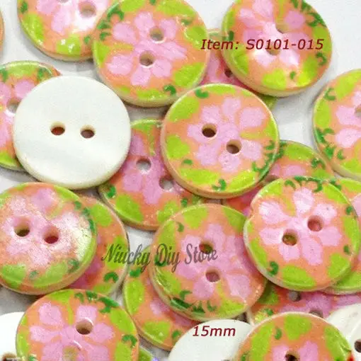 

50pcs 15mm 2 holes Printed flower white pearl shell buttons for sewing diy crafts decorative accessories