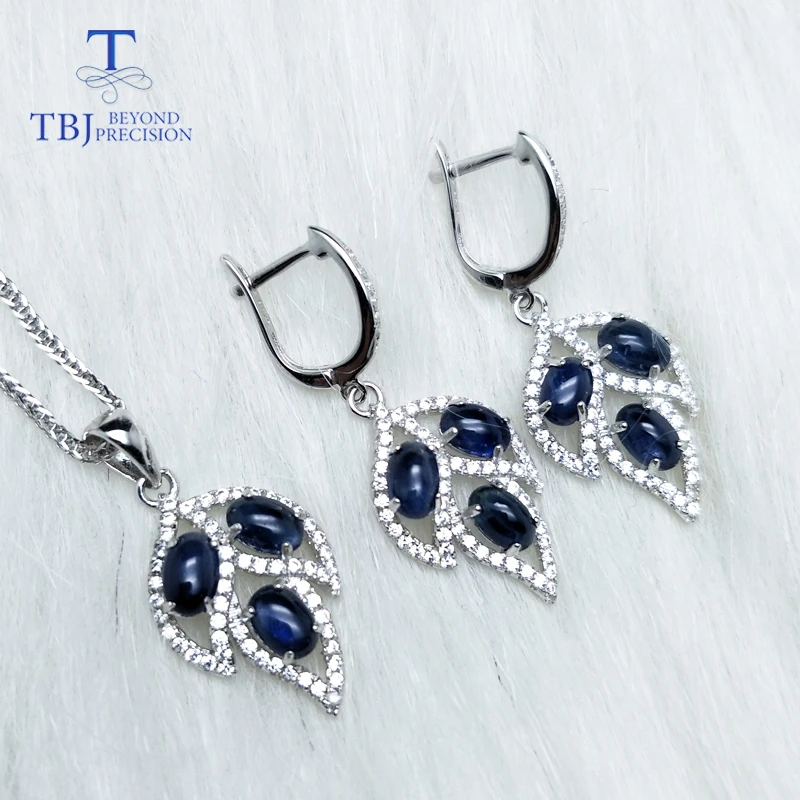 TBJ Tree leaf jewelry set with blue sapphire clasp earring and pendant in S925 silver elegant for women ladies as gift | Украшения и