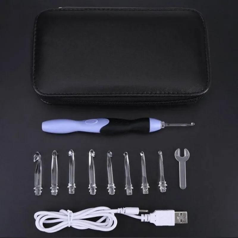 Useful 9-in-1 USB LED Light Up Purple Crochet Hooks Knitting Needles Set Weave Tool Kit Sewing Accessories | Дом и сад