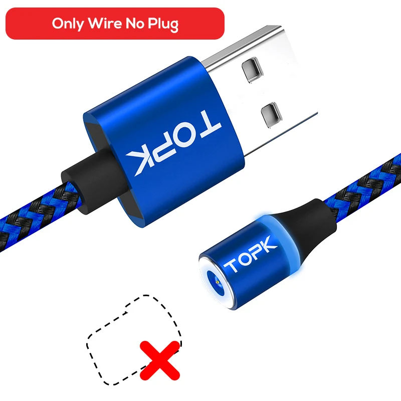 Only Cable No Plug TOPK AM33 светодиодный магнитный кабель Micro USB и usb type-C кабель для samsung Xiaomi huawei LG USB кабель для iPhone Xs Max 8 7 6 Plus - Цвет: Only Cable No Plug